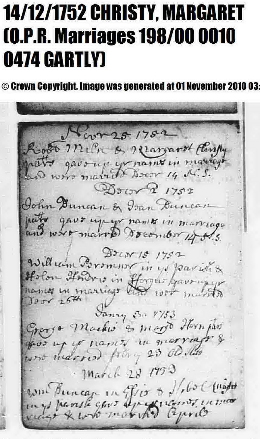 Robert Miln and Margaret Christy Marriage 1752, December 14, 1752, Linked To: <a href='i17357.html' >Robert Milne 🔗</a>